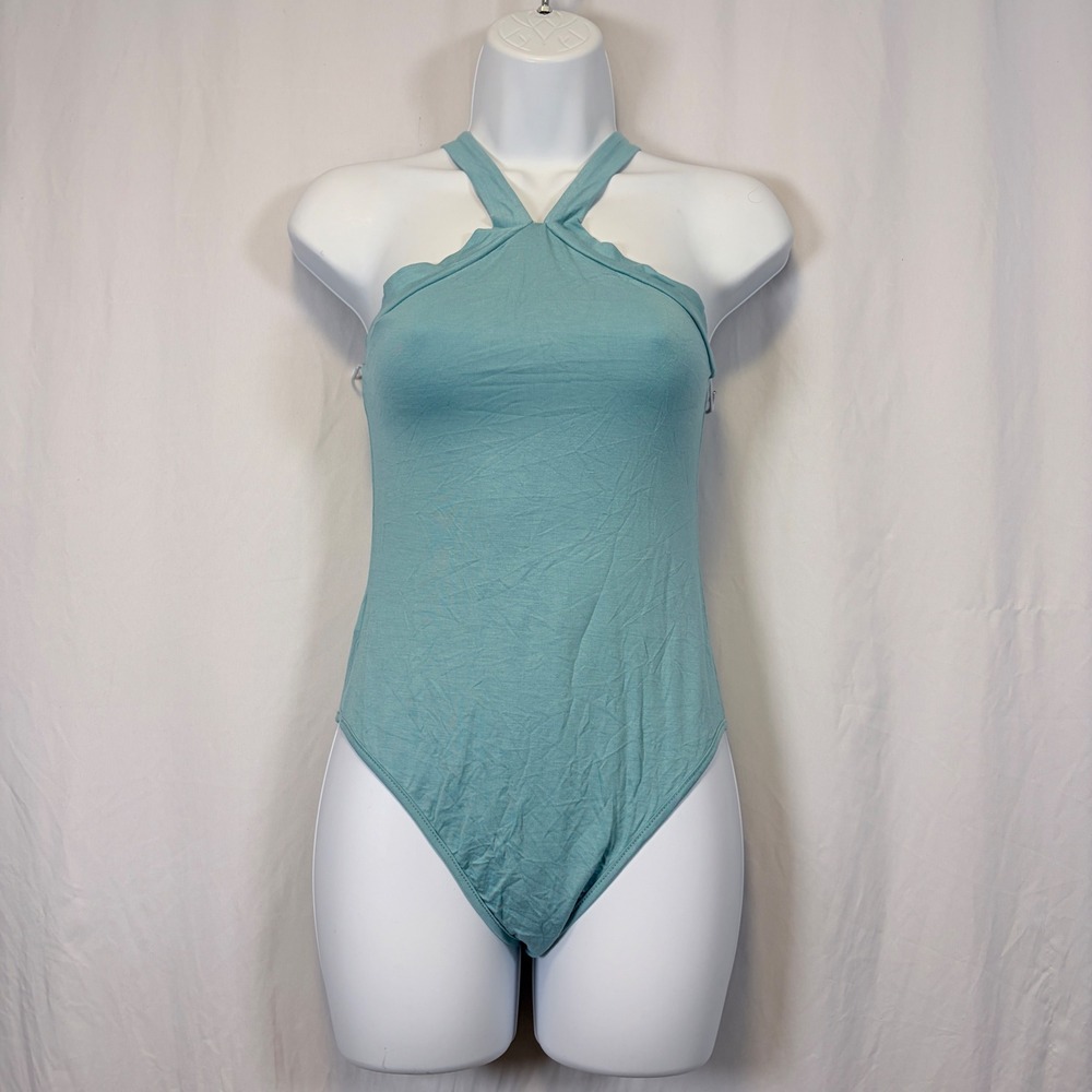 Cupshe Bodysuit Halter Neck Teal Blue Sleeveless Stretch One Piece Small